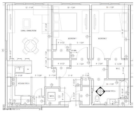 Floor plan for 2 beds, 1 bath